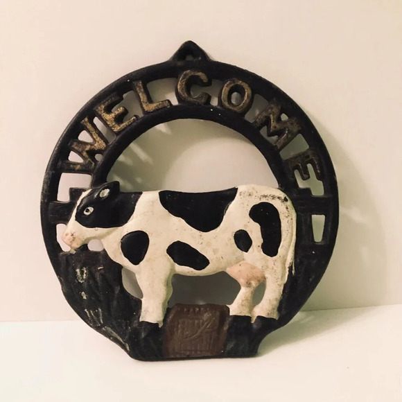Vtg Cast  Iron Cow Welcome Door Hanger Sign Farmhouse Decor - Picture 1 of 15